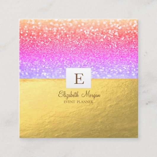 モダンなモノグラム ゴールドラメ入り ヴァイオレットぼかし スクエア名刺 (正面)