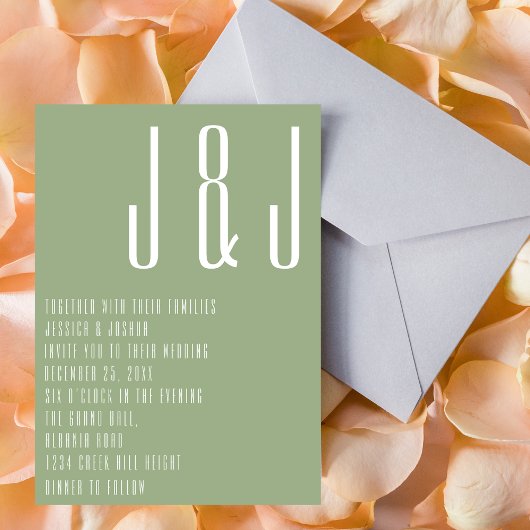 モダンなモノグラム サージュグリーン ミニマル ウェディング 招待状