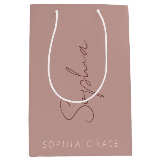 モダンなモノグラム 手書きスクリプト ダスティ ローズ ミディアムペーパーバッグ (正面)