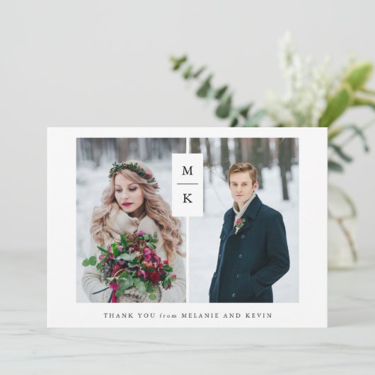 モダンなモノグラム| 2つの写真の格子結婚式 サンキューカード (スタンド正面)