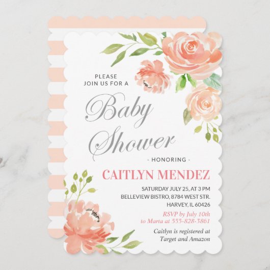 モダンなモモのシャクヤクの花のベビーシャワーの女の子の男の子 招待状 (正面/裏面)
