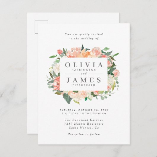 モダンなユーカリのモモの水彩画によっては結婚式が開花します インビテーションポストカード (正面/裏面)