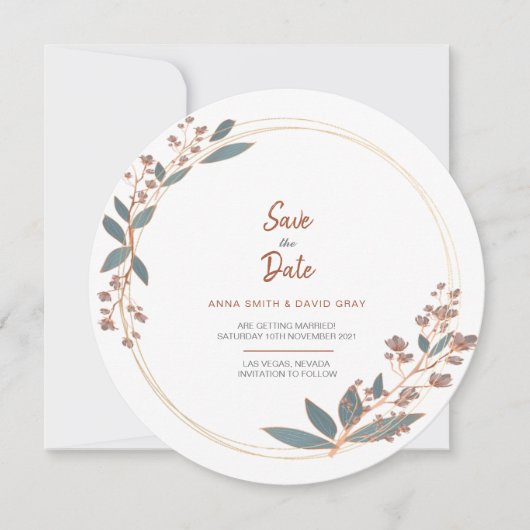 モダンなユーカリの円形フラワーセーブ・ザ・デート 招待状 (正面)