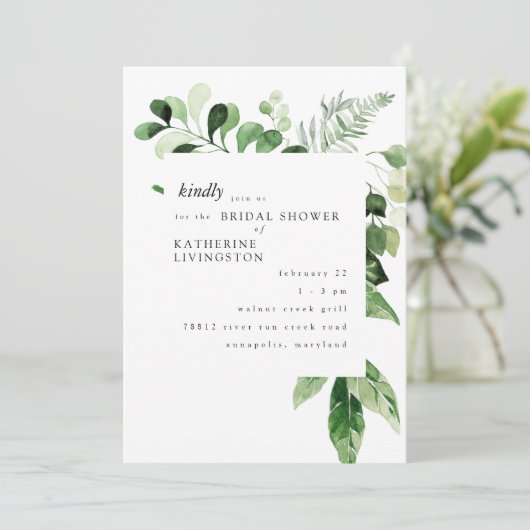 モダンなユーカリの白い結婚式前祝い 招待状 (スタンド正面)