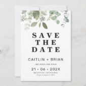 モダンなユーカリの結婚式 Save The Date 招待状 (正面)