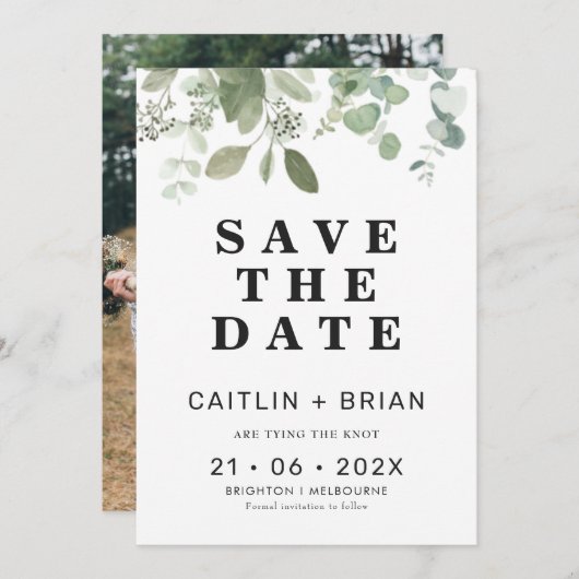 モダンなユーカリの結婚式 Save The Date 招待状 (正面/裏面)