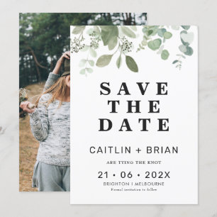 モダンなユーカリの結婚式 Save The Date 招待状