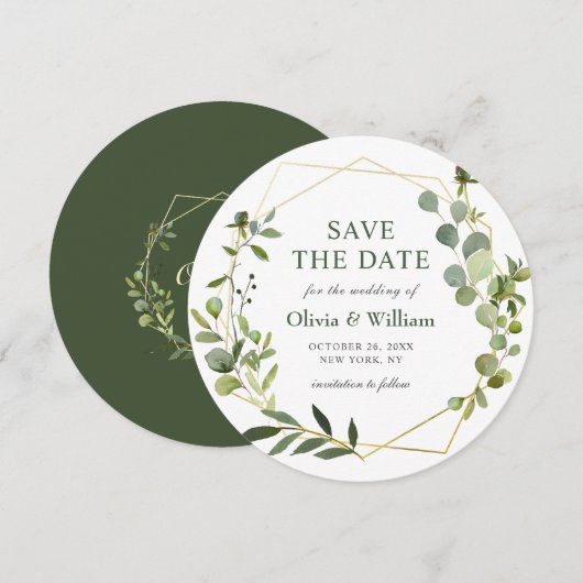 モダンなユーカリの花のウェディング SAVE THE DATE 招待状 (正面/裏面)