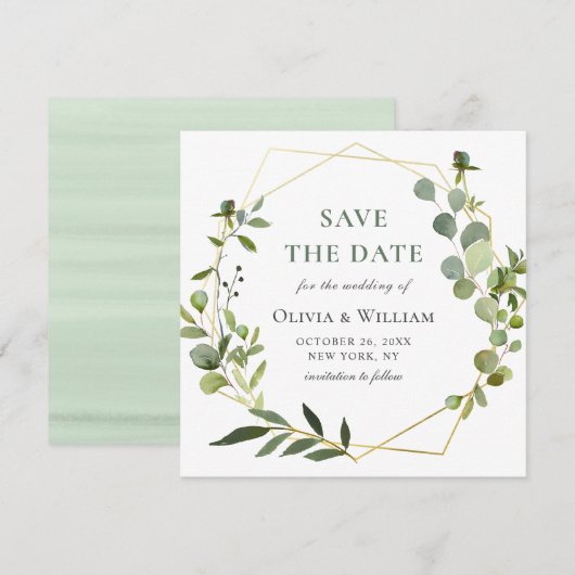 モダンなユーカリの花のウェディング SAVE THE DATE 招待状 (正面/裏面)