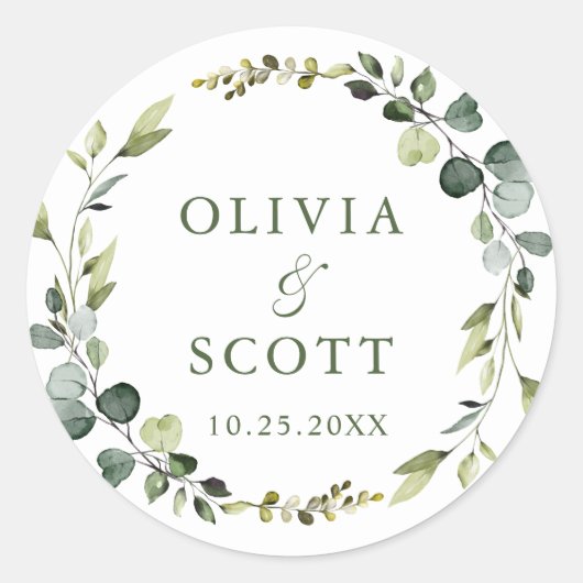 モダンなユーカリの花輪 ウェディング ブーケ ボヘミアンスタイル ラウンドシール (正面)