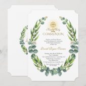 モダンなユーカリの花輪 ゴールドの聖体拝領 招待状 (正面/裏面)