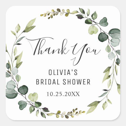 モダンなユーカリの花輪 ブライダルシャワー ボヘミアンスタイル スクエアシール (正面)