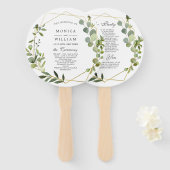 モダンなユーカリの葉のウェディングプログラム ハンドファン (正面&裏面)