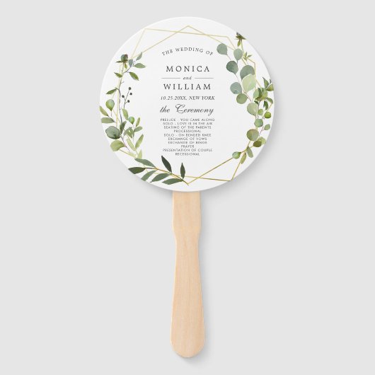 モダンなユーカリの葉のウェディングプログラム ハンドファン (正面)