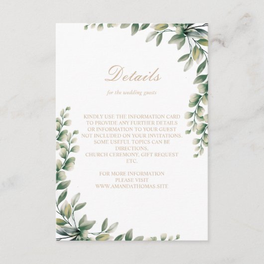 モダンなユーカリの葉のエレガントなウェディング エンクロージャーカード (正面)