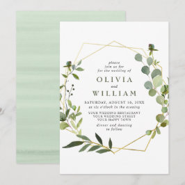 モダンなユーカリの葉の幾何学フレーム ウェディング 招待状