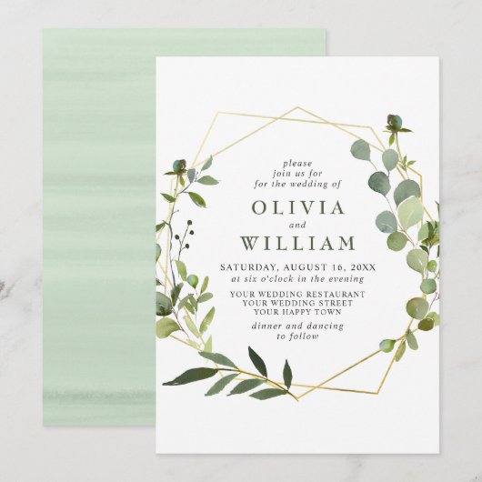 モダンなユーカリの葉の幾何学フレーム ウェディング 招待状 (正面/裏面)