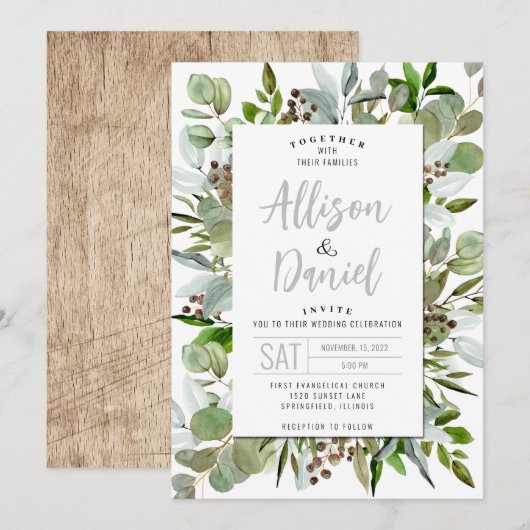 モダンなユーカリグリーンの結婚式招待状 招待状 (正面/裏面)