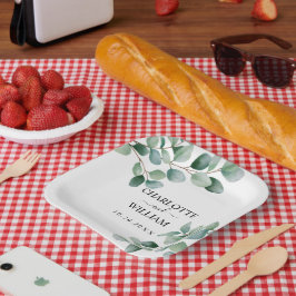 モダンなユーカリグリーンウェディング ペーパープレート