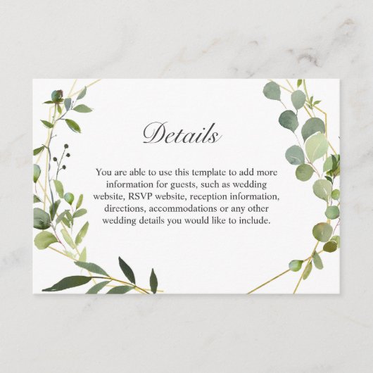 モダンなユーカリ幾何学フレームの結婚式の詳細 エンクロージャーカード (正面)