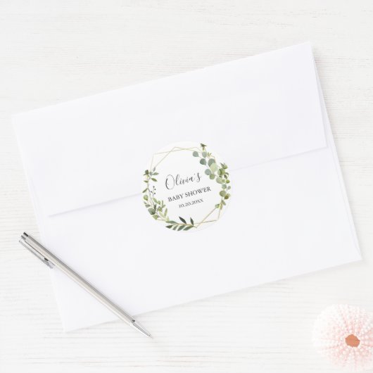モダンなユーカリ幾何学フレーム ベビーシャワー ラウンドシール (封筒)
