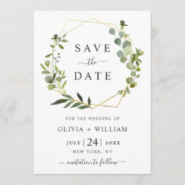 モダンなユーカリ フローラル ジオメトリック フレーム ウェディング セーブザデート