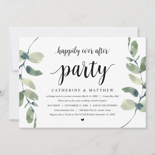 モダンなユーカリ, ブラック, 結婚式の秘密の誓いパーティー 招待状 (正面)