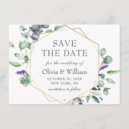 モダンなユーカリ ラベンダー フローラル フォト ウェディング セーブザデート (正面)