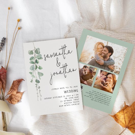 モダンなユーカリ 3 枚の写真 QR コード ウェディング 招待状