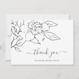 モダンなラインアートの花をあしらったエレガントな結婚式 サンキューカード