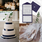 モダンなライン ネイビー&グレー オールインワン招待状