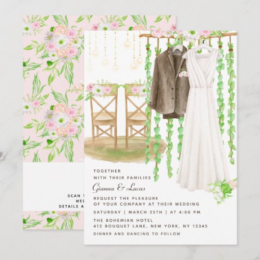 モダンなラスティックアウトドアウォーターカラーフローラルウェディング 招待状 (正面/裏面)