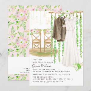 モダンなラスティックアウトドアウォーターカラーフローラルウェディング 招待状