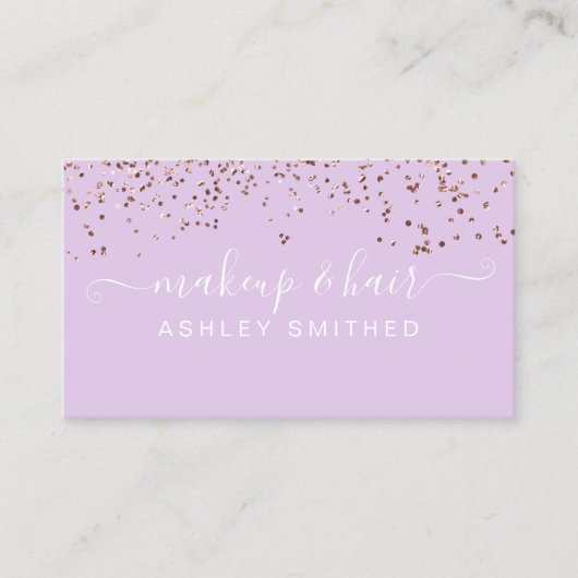 モダンなラベンダーのばら色の金ゴールドの紙吹雪の化粧の毛 名刺 (正面)