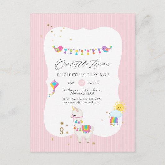 モダンなラマの3歳の誕生日パーティー ポストカード (正面)