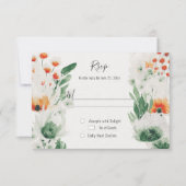 モダンなリゾートスタイル オレンジ グリーン 水彩 フラワー 出欠カード (正面)