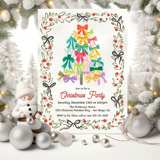 モダンなリボンのクリスマスツリーパーティー 招待状