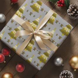モダンなレイヤードクリスマスツリーと金の星 ラッピングペーパー