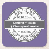 モダンなレトロのロゴの結婚式の保存日付のコースター スクエアペーパーコースター (正面)