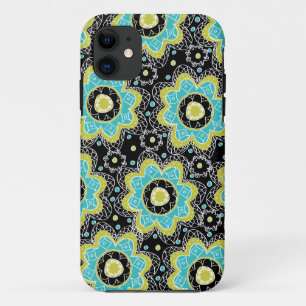 モダンなレトロの花のティール(緑がかった色)及びライム iPhone 11 ケース