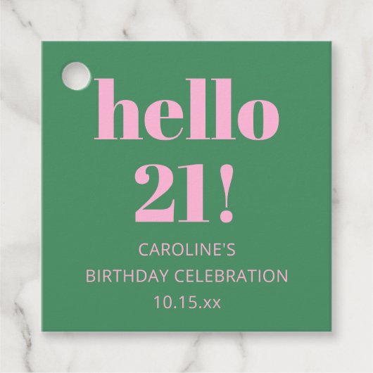 モダンなレトロ風 ピンク グリーン 21歳の誕生日 フェイバータグ (正面)