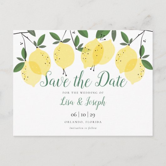 モダンなレモンのエレガントな結婚式の延期案内状 ポストカード (正面)