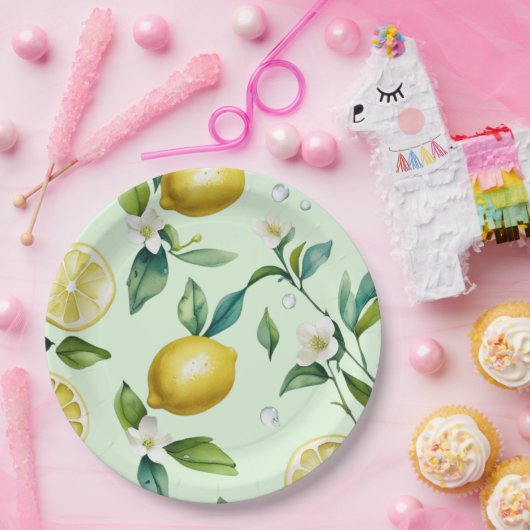 モダンなレモンイエローの花のスクリプト ブライダルシャワー ペーパープレート (パーティー)