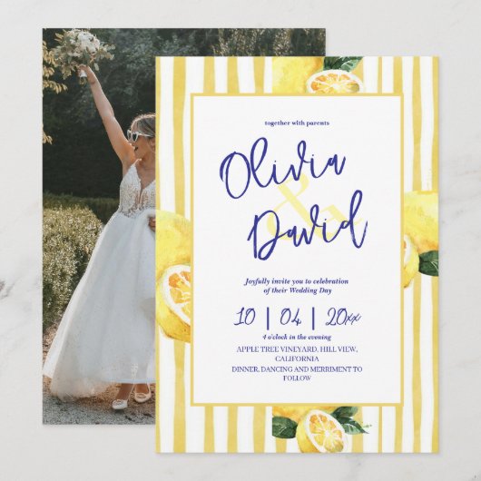 モダンなレモンシトラスイエローのピンストライプの結婚式の写真 招待状 (正面/裏面)