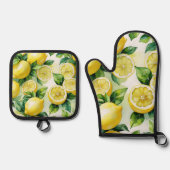 モダンなレモン ブルー フラワースクリプト ブライズシャワー 鍋つかみ&鍋敷きセット (正面)