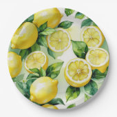 モダンなレモン ブルー 花柄 スクリプト ブライダル シャワー ペーパープレート (正面)