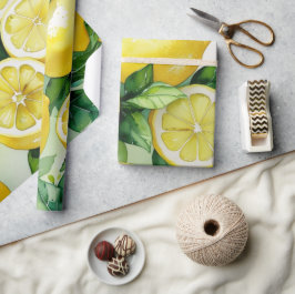 モダンなレモン ブルー 花柄 スクリプト ブライダル シャワー ラッピングペーパー