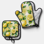 モダンなレモン ブルー 花柄 スクリプト ブライダル シャワー 鍋つかみ&鍋敷きセット (正面/裏面)