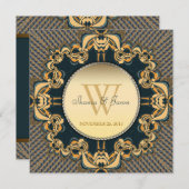 モダンなレースのイニシャル ティール ゴールドの結婚式招待状 招待状 (正面/裏面)