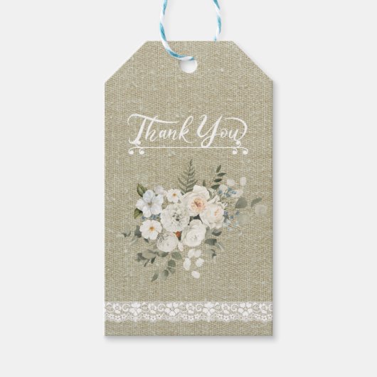 モダンなレースの白い花のテクスチャに感謝します ギフトタグ (正面)